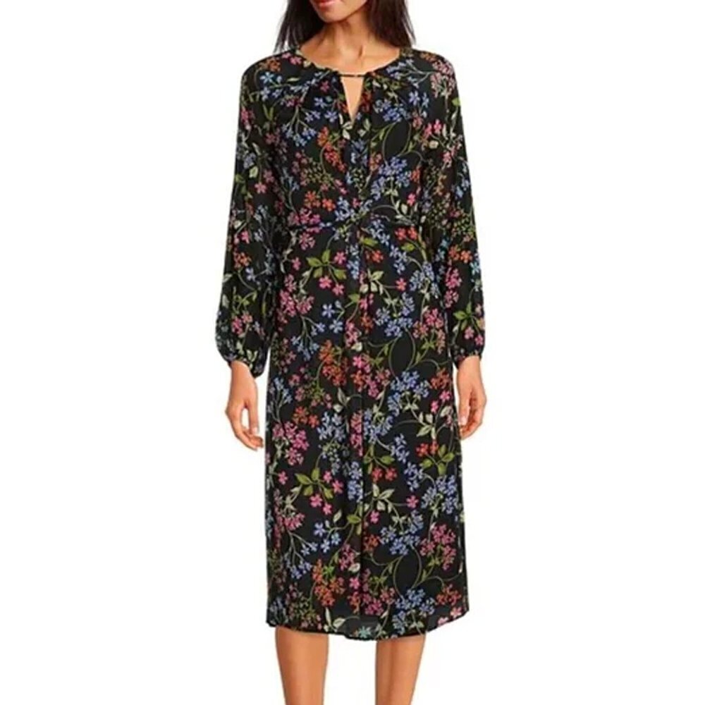 Calvin Klein Black Floral Long Sleeve Round Keyhole Chiffon Dress Cinched Waist